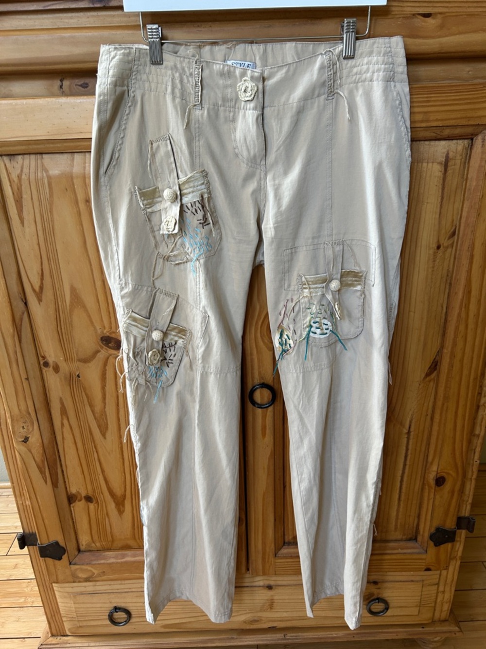 Style Embellished Beige Cargo Pants with Floral Patchwork Detail Boho Size 8
